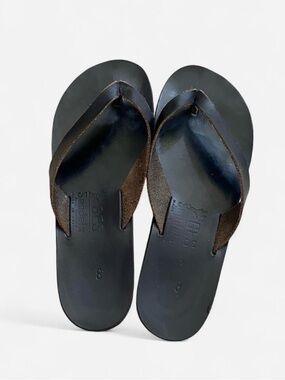 Women’s Black Leather Flip Flops with Brown Suede Straps